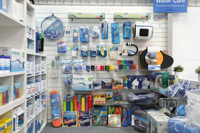 Pool and hot tub chemicals on display in the Aquafun Sheffield showroom