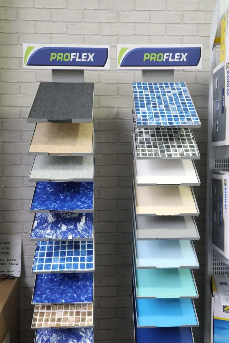Pool tile and liner samples at the Aquafun Sheffield showroom